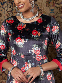 Shae by SASSAFRAS Women Navy Blue Floral Printed Velvet Kurta with Trouser