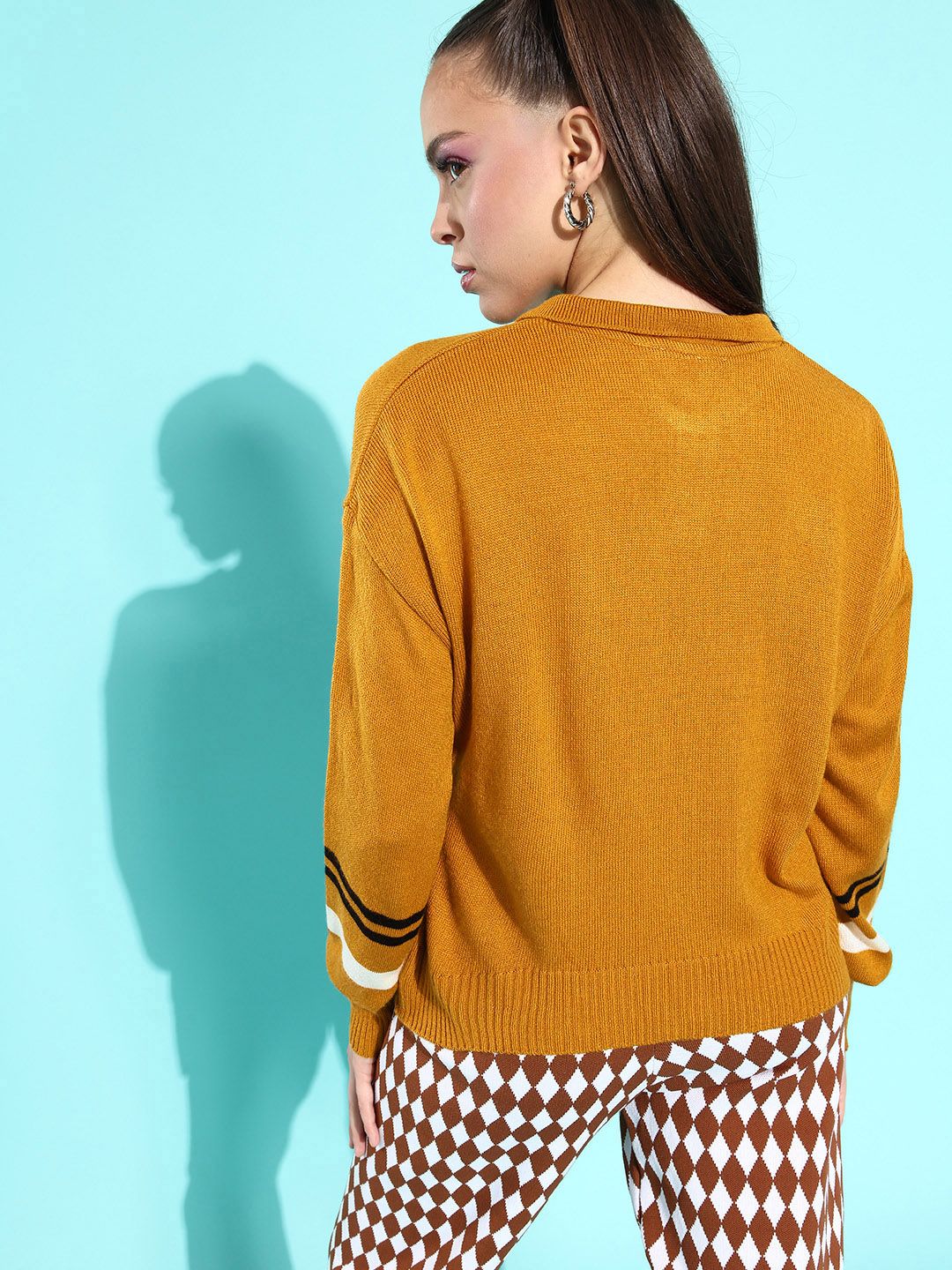 DressBerry Women Mustard Striped Whipped for Varsity Sweater