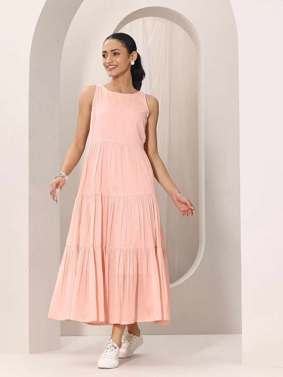 Libas Women Peach Boat Neck Fit & Flare Tiered Midi Dress