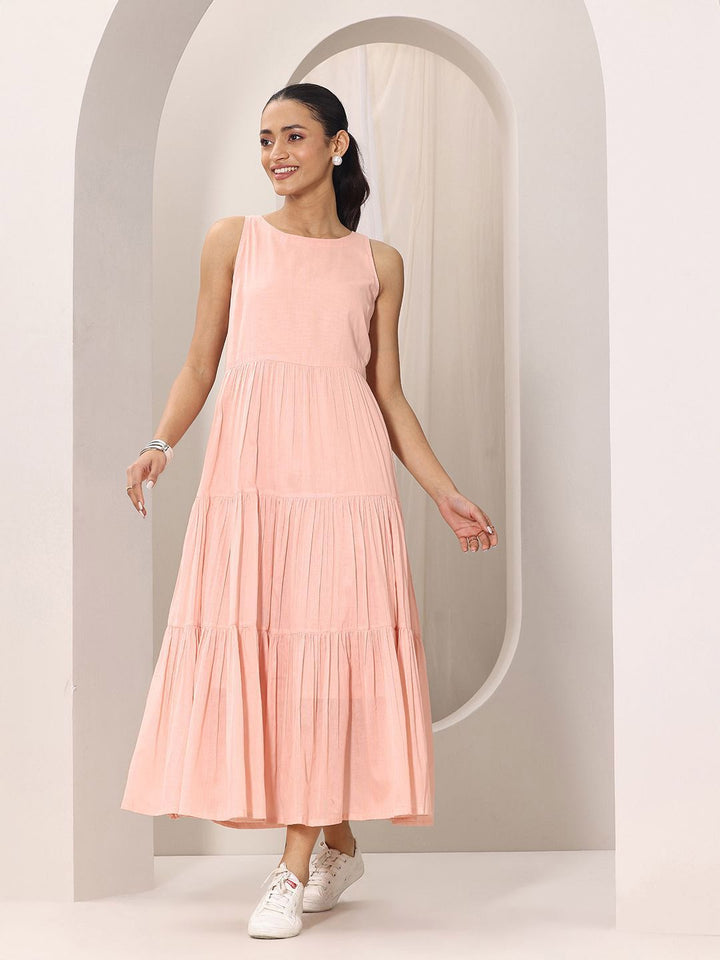 Libas Women Peach Boat Neck Fit & Flare Tiered Midi Dress