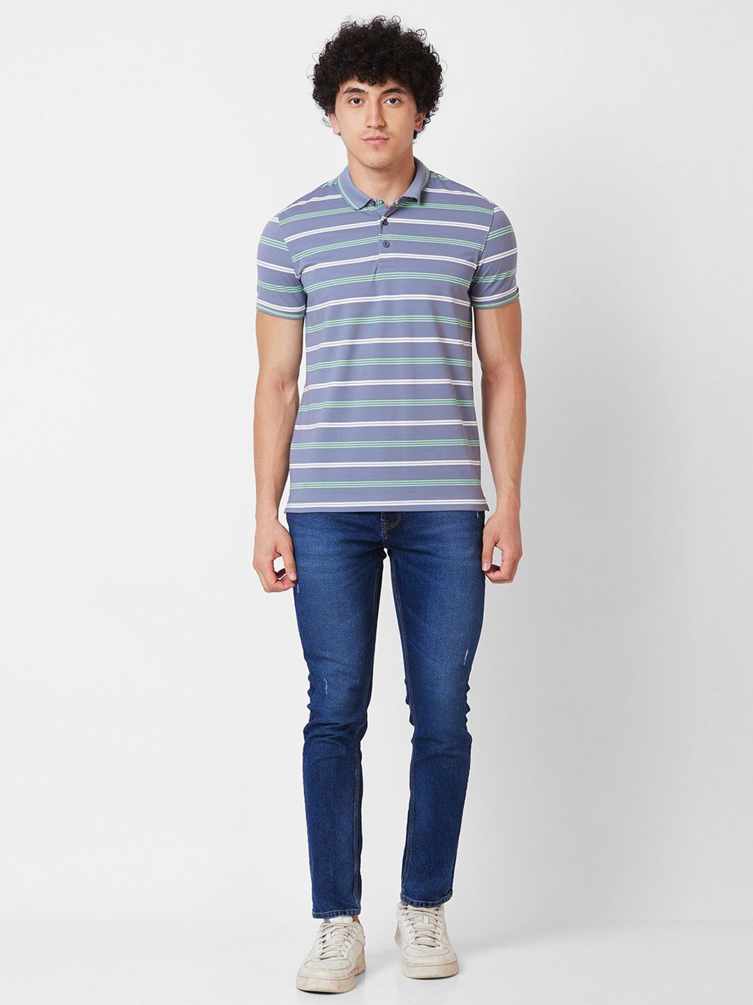 SPYKAR Striped Polo Collar Cotton Slim Fit T-shirt