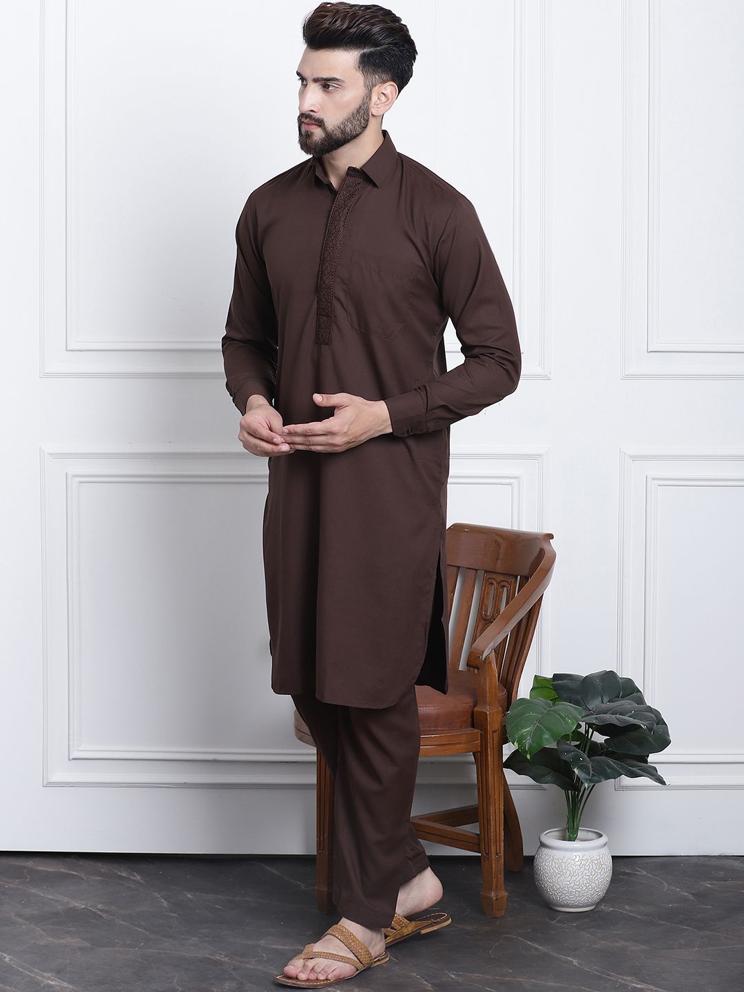 SOJANYA Shirt Collar Curved Hem Pathani Kurta with Salwar
