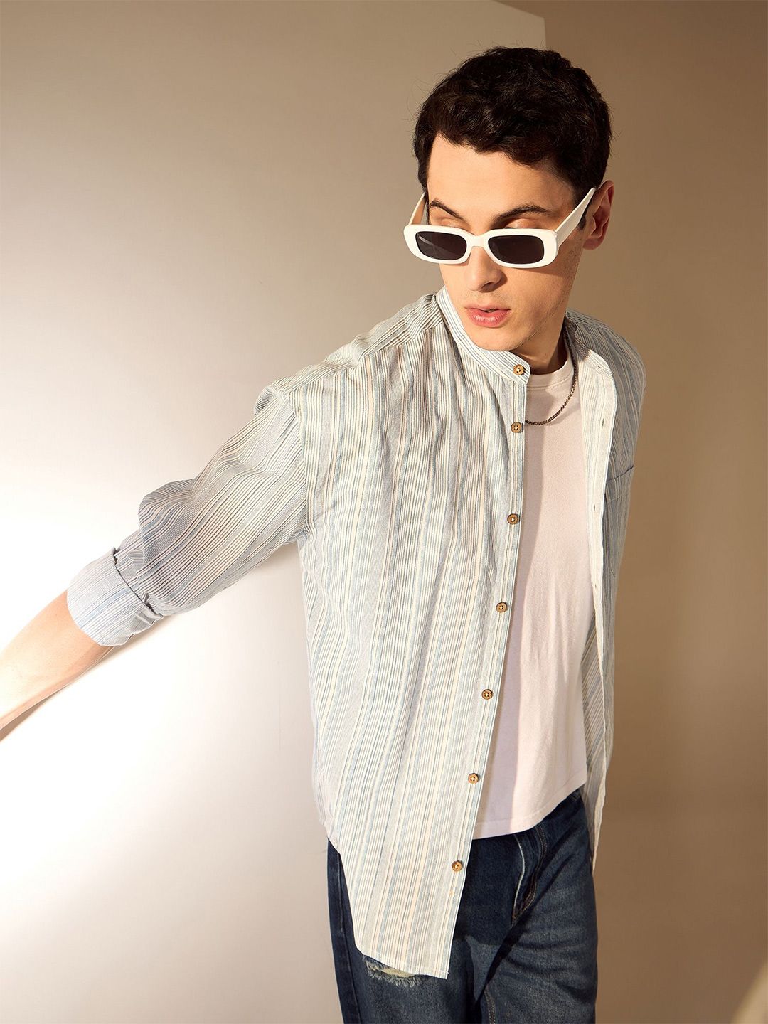 DENNISON Men Aspect Striped Mandarin Collar Oversized Shirt