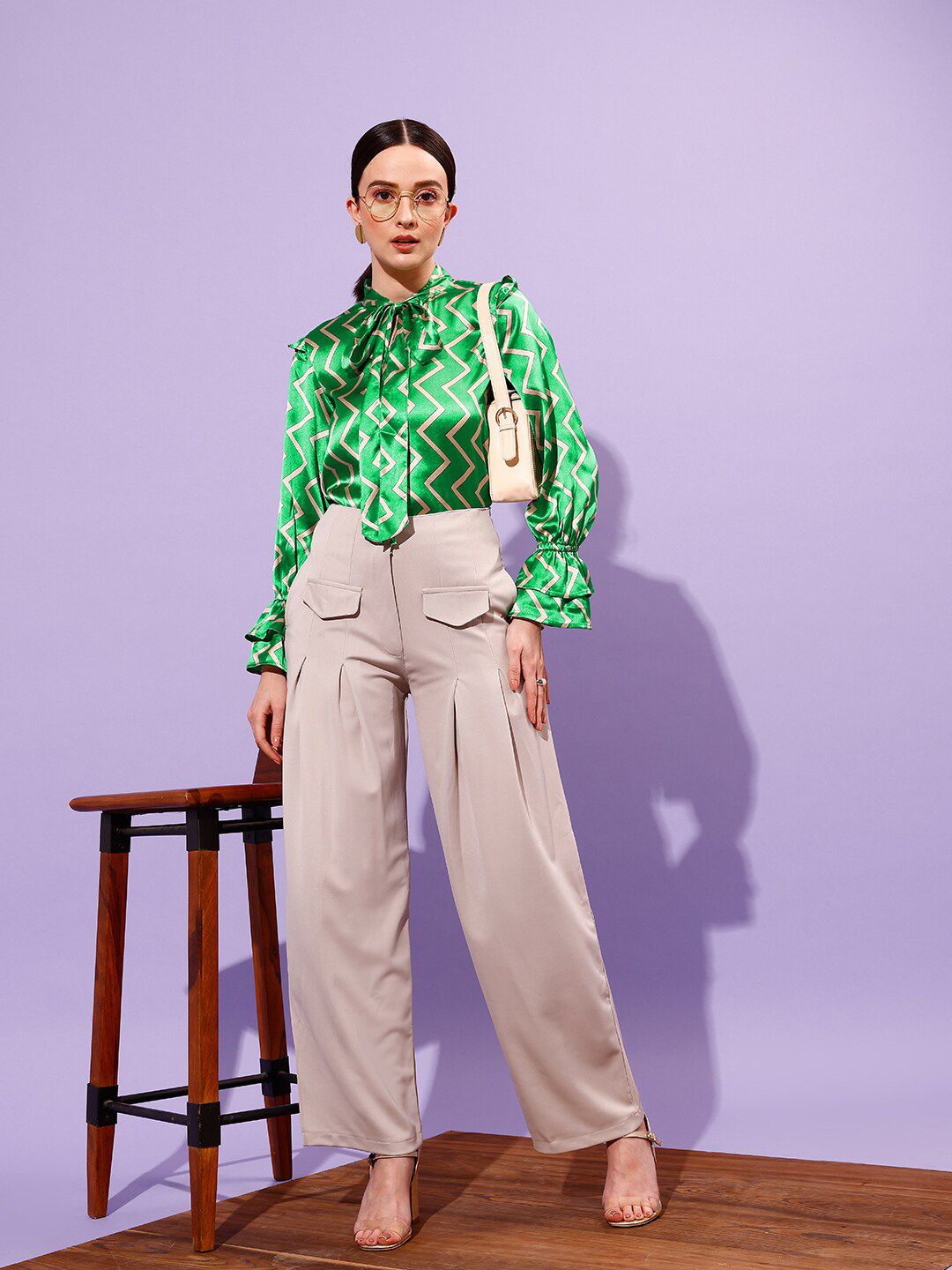 STREET 9 Geometric Printed Tie-Up Neck Bell Sleeves Satin Top