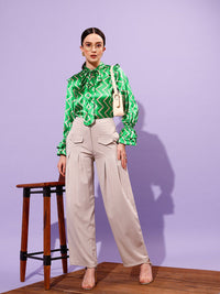 STREET 9 Geometric Printed Tie-Up Neck Bell Sleeves Satin Top