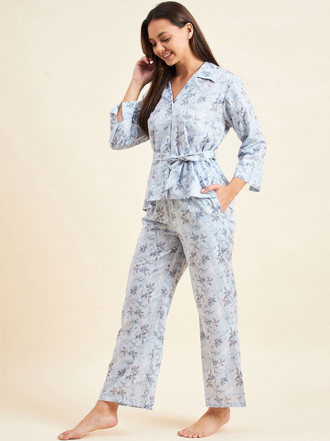 Sweet Dreams Blue Floral Printed Pure Cotton Top With Pyjamas