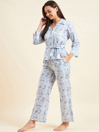Sweet Dreams Blue Floral Printed Pure Cotton Top With Pyjamas