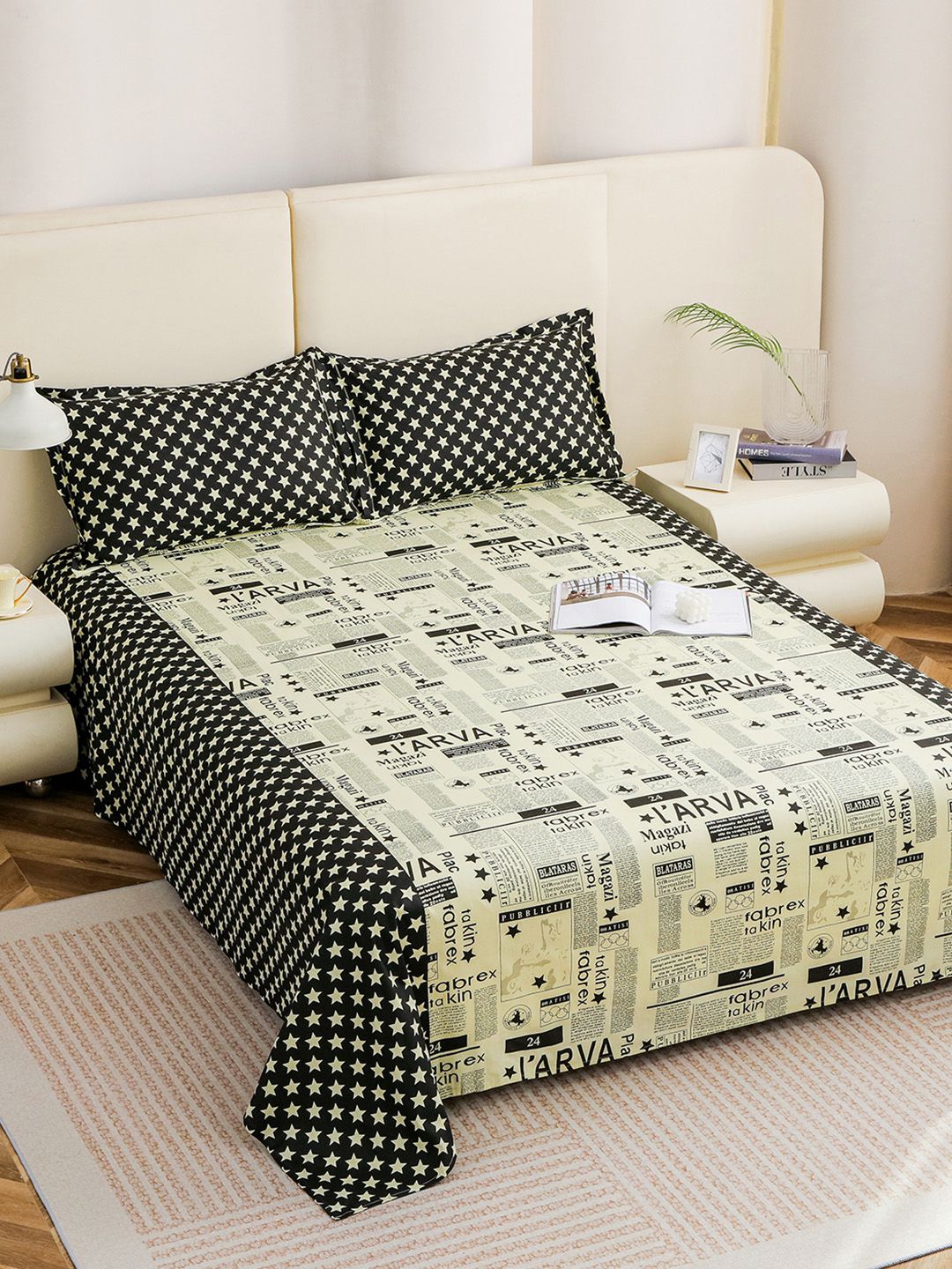 Story@home White Black Cotton 210 TC 1 King Double Bedsheet with 2 Pillow Covers