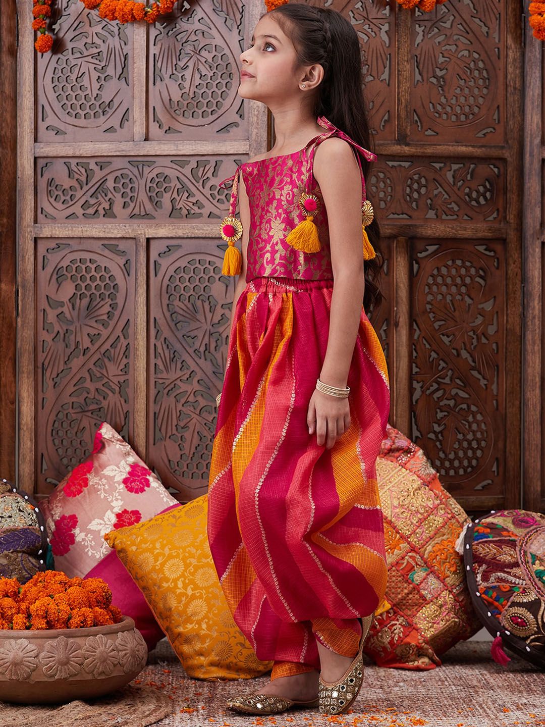 pspeaches Girls Floral Printed Shoulder Straps Top with Dhoti Pants