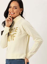 DressBerry Women Cream-Coloured & Gold-Toned Printed Sweatshirt