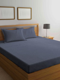 KLOTTHE Book Fold Grey Striped Cotton 300 TC Fitted King Bedsheet with 2 Pillow Covers-98 x 89 inches