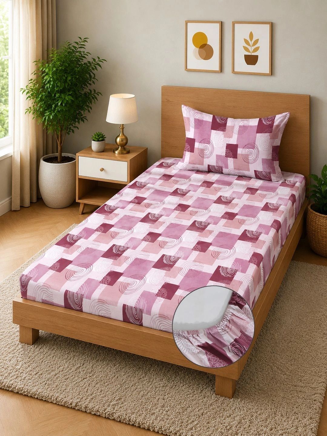 Moda Rapido X KLOTTHE Pink & White Geometric 400 TC Single Bedsheet with 1 Pillow Covers