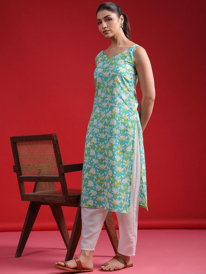 Indo Era Floral Printed Sweetheart Neck Sleeveless Cotton Straight Kurtas