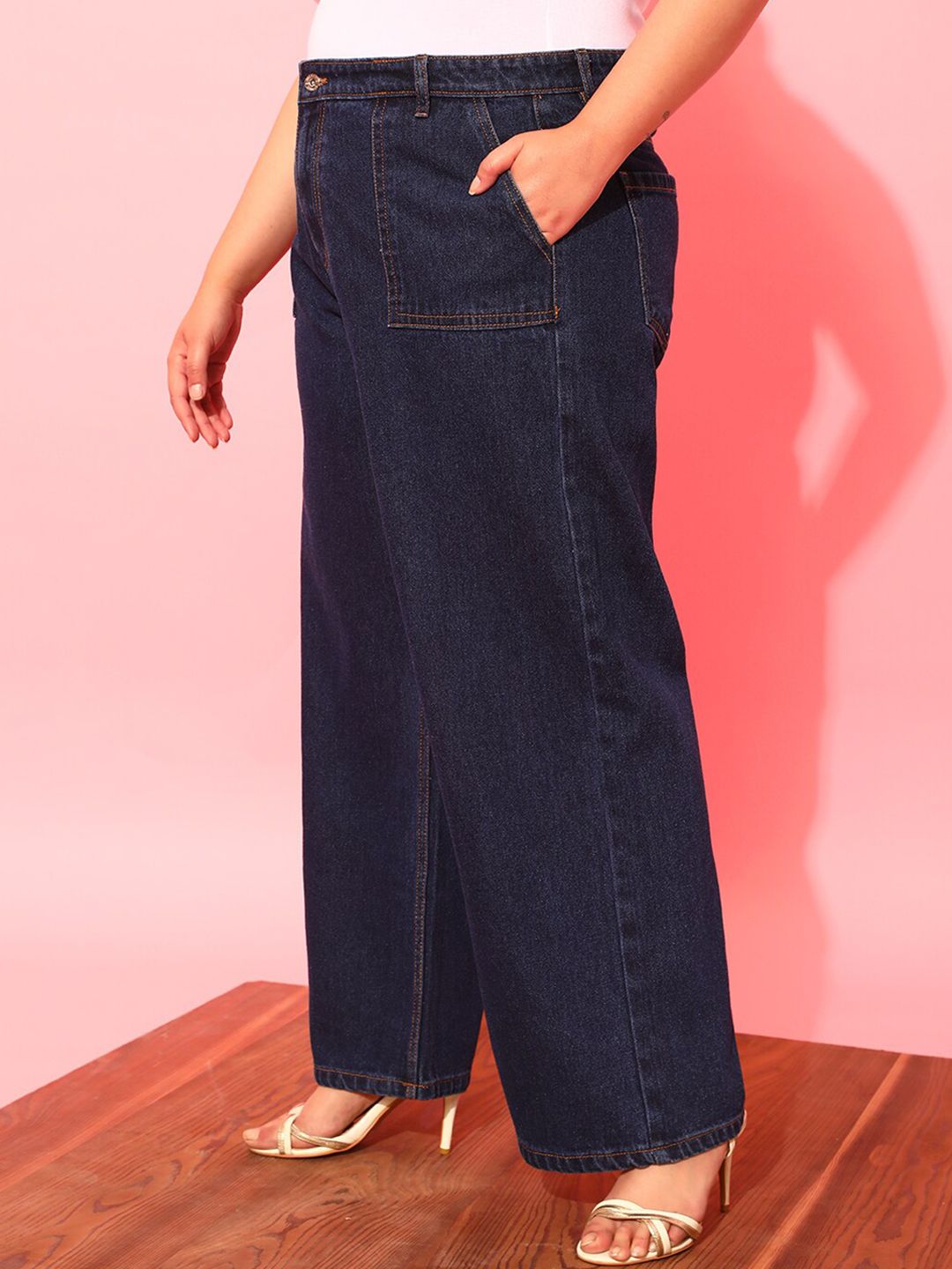 CURVY STREET Women Plus Size Blue Wide Leg Pure Cotton Jeans