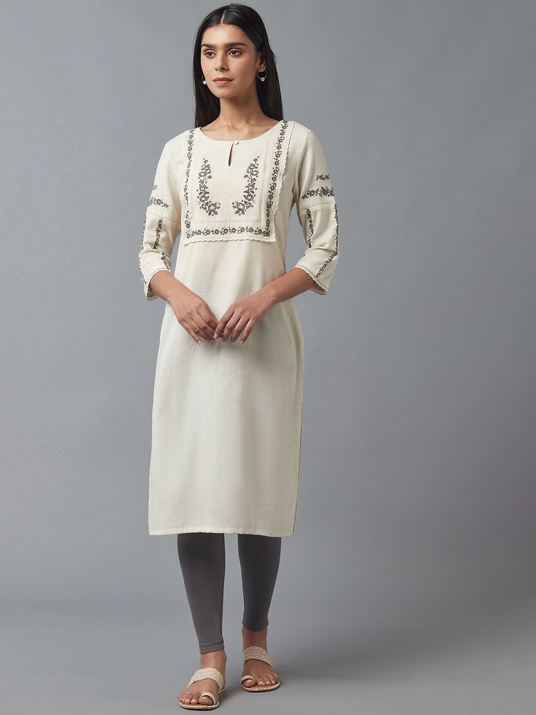 W Women Beige Floral Yoke Design Thread Work Kurta