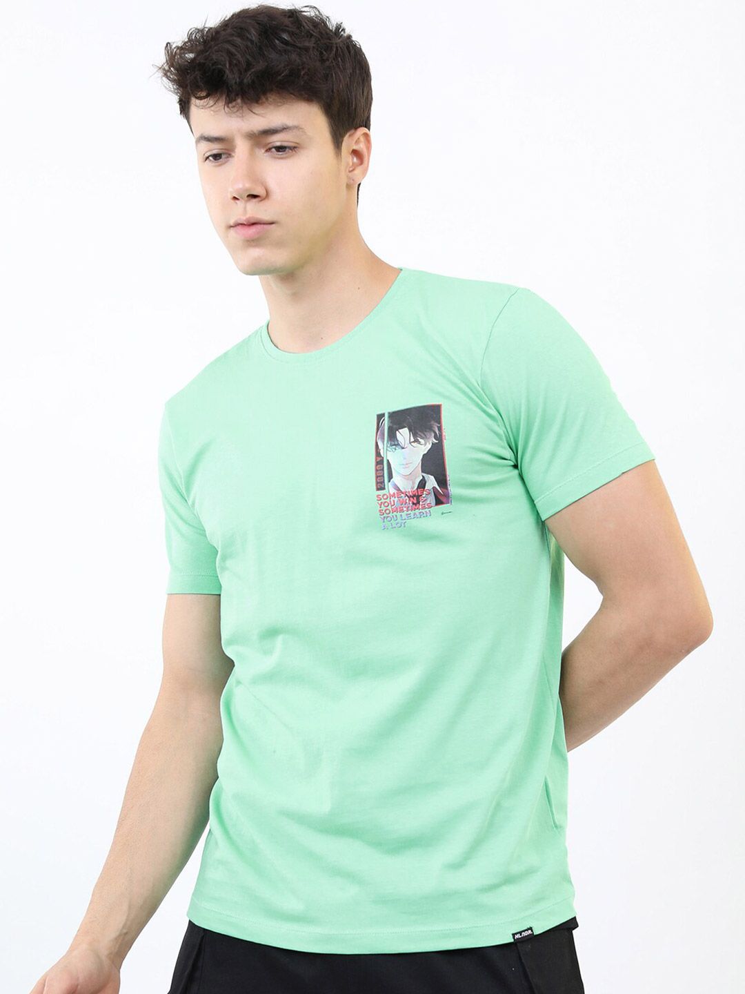 HIGHLANDER Men Green Printed Raw Edge Slim Fit T-shirt