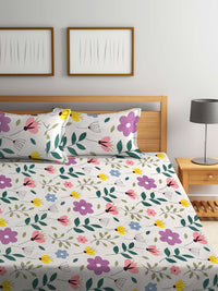 KLOTTHE White & Pink Floral 300 TC Super King Bedsheet with 2 Pillow Covers