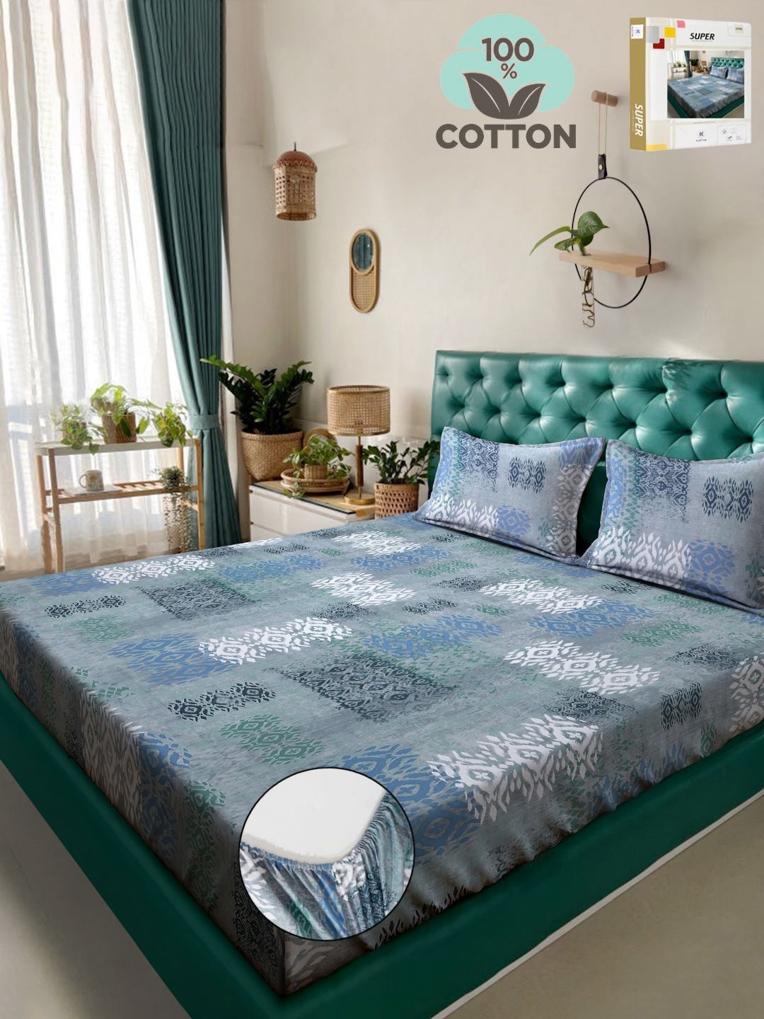 KLOTTHE Blue Geometric Printed 400TC Pure Cotton Fitted Double King Bedsheet Set