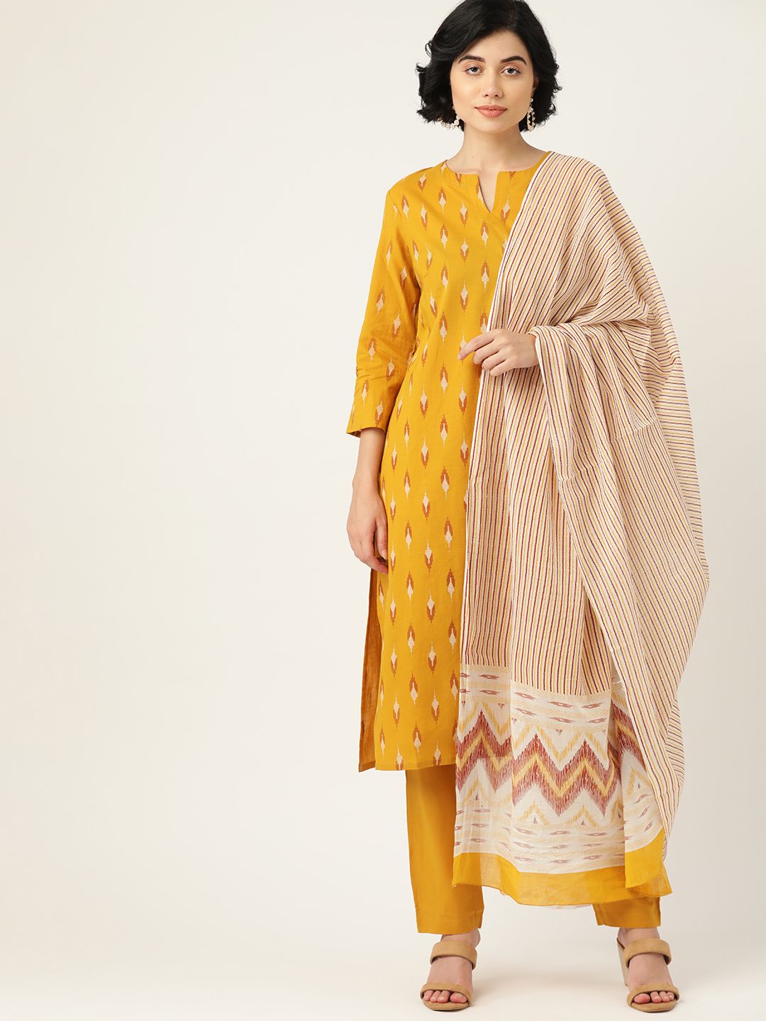 all about you Women Mustard Yellow Pure Cotton Ikat Print Kurta with Trousers & Dupatta