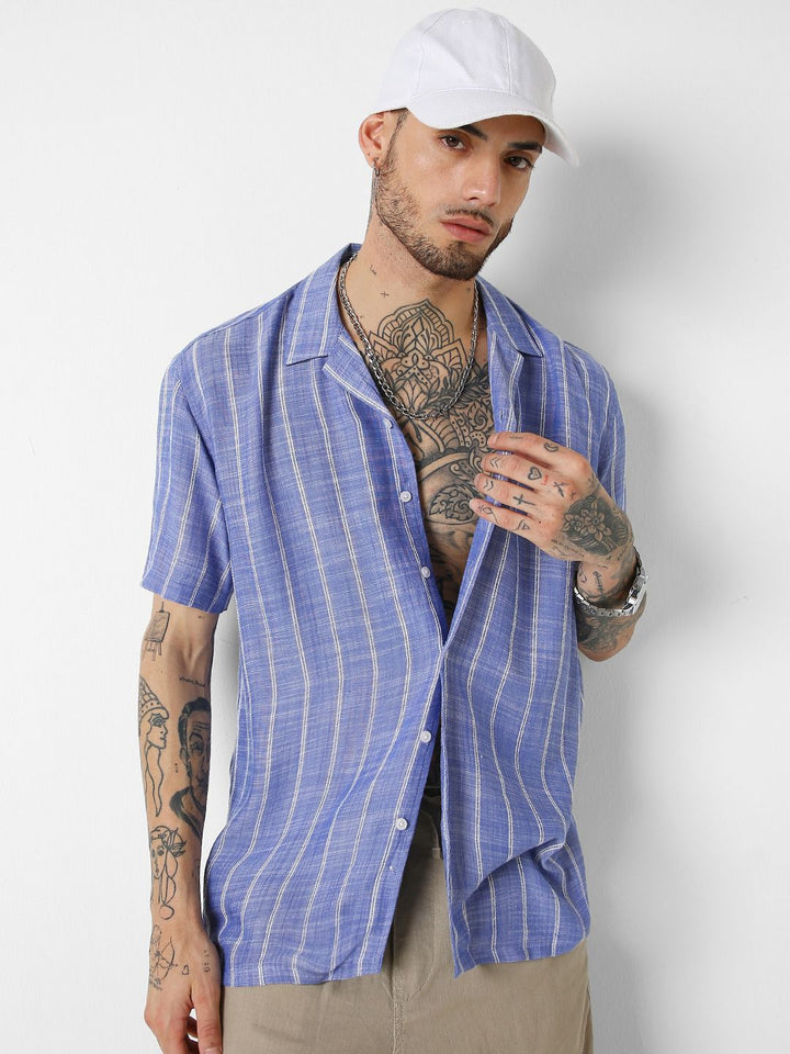 VASTRADO Men Striped Resort Collar Oversized Shirt