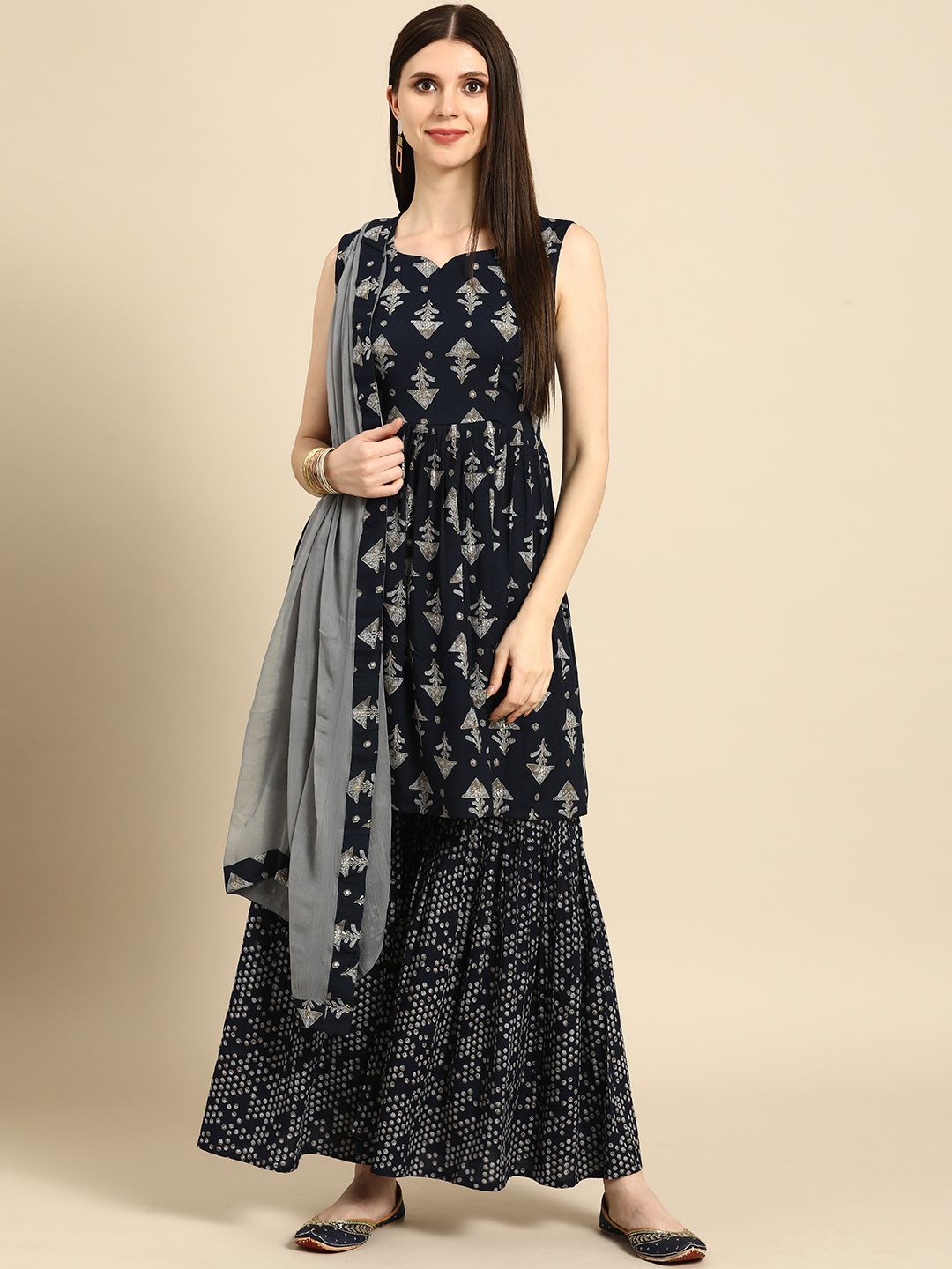 Anouk Women Navy Blue & Grey Ethnic Motifs Printed Kurta with Sharara & Dupatta