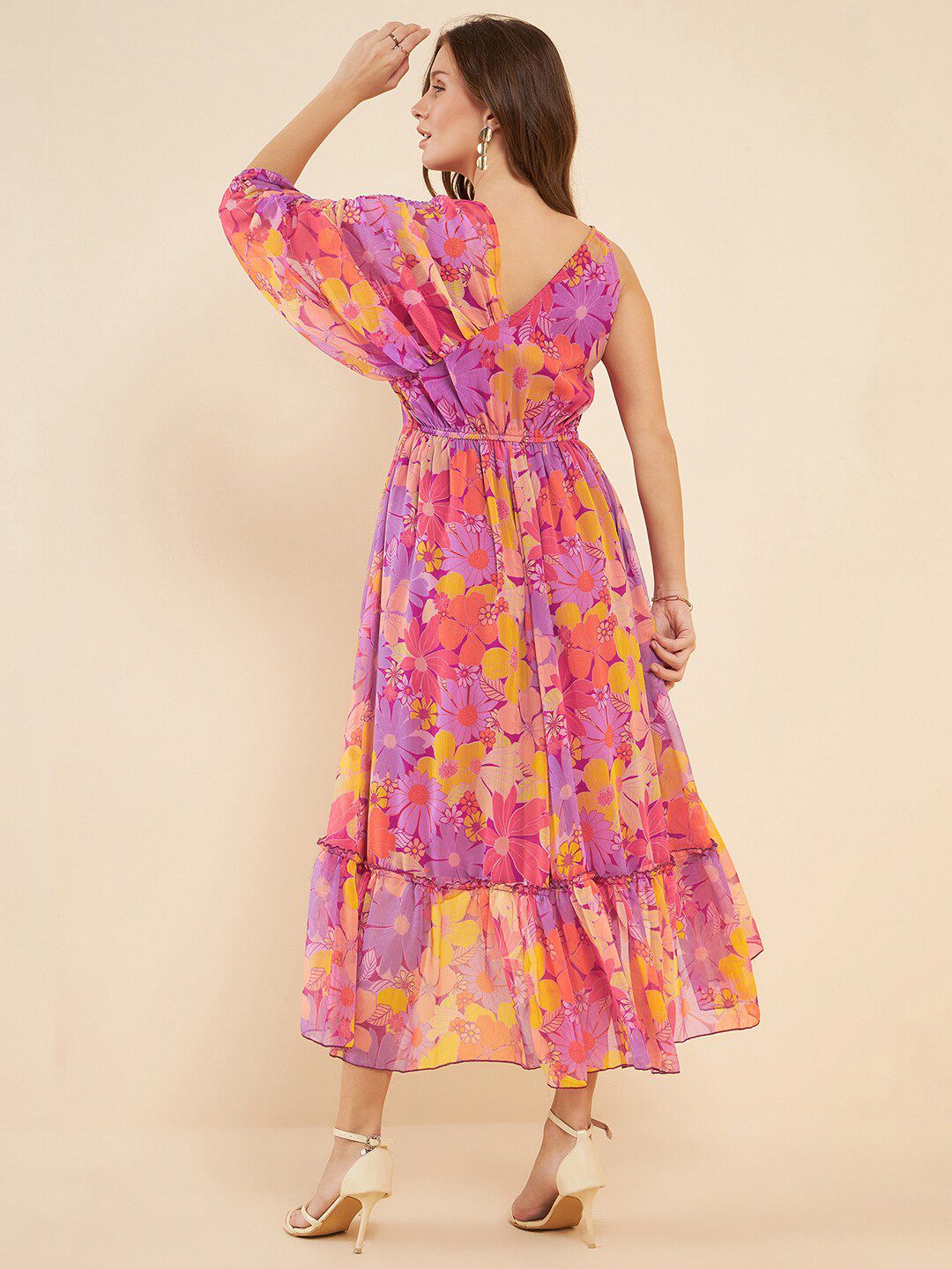 Antheaa Pink Floral Printed V-Neck Gathered Detailed Chiffon Fit & Flare Midi Dress