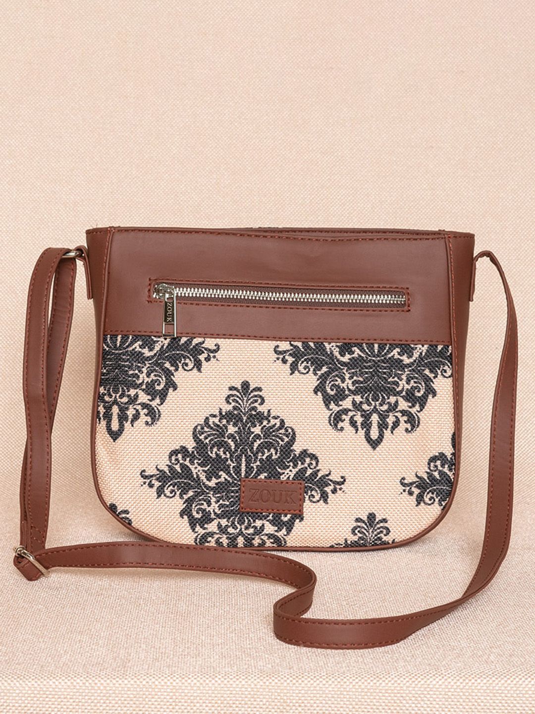 ZOUK Peach-Coloured Floral Printed Structured Sling Bag