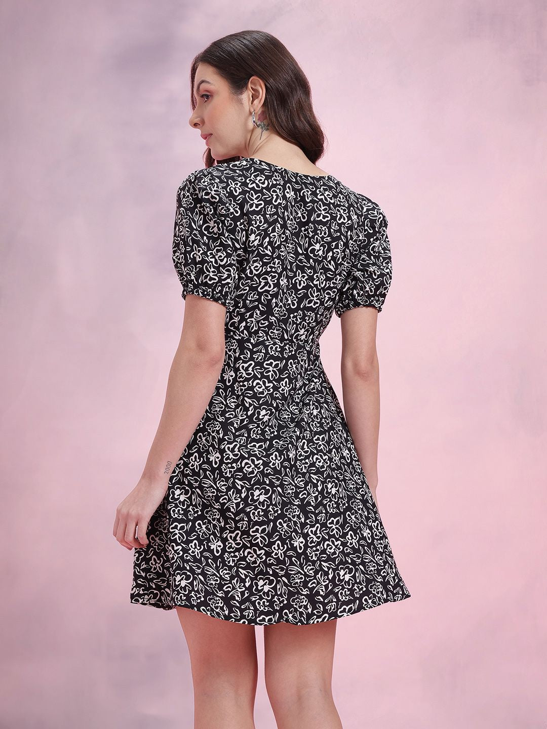 DressBerry Print Puff Sleeve A-Line Dress