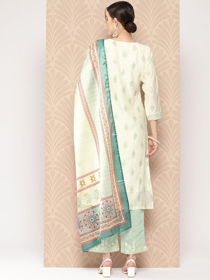 Libas Women Cream-Coloured Floral Printed Chanderi Silk Kurta with Trousers & With Dupatta