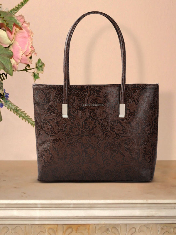 Lino Perros Coffee Brown Ethnic Motifs Textured Structured Laptop Bag
