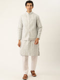 SOJANYA Men Grey Ethnic Motifs Embroidered Thread Work Kurta with Churidar & Nehru Jacket