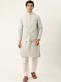 SOJANYA Men Grey Ethnic Motifs Embroidered Thread Work Kurta with Churidar & Nehru Jacket