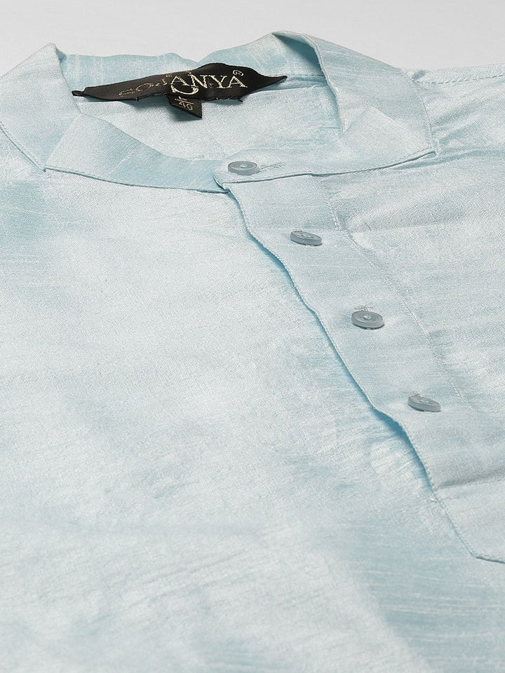 SOJANYA Men Blue Solid Kurta Set With Printed Jacket