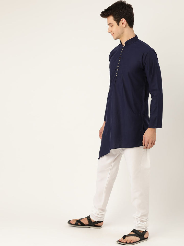 SOJANYA Men Navy Blue Solid Asymmetric Straight Kurta