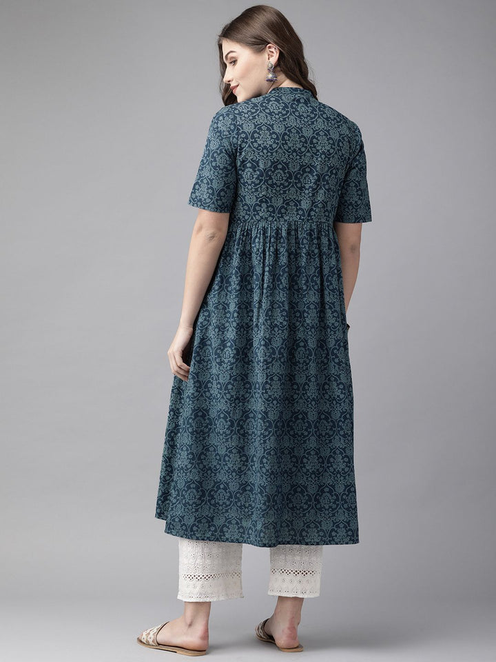 Anouk Women Navy Blue Printed A-Line Kurta with Gathered Detail