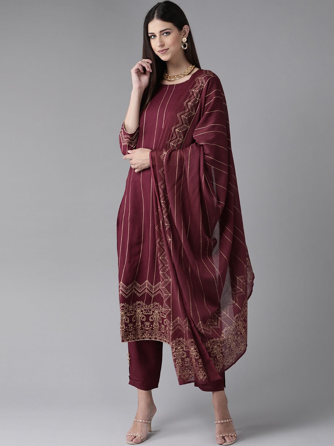 Indo Era Women Burgundy Printed Regular Kurta with Trousers & With Dupatta
