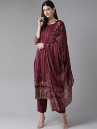 Indo Era Women Burgundy Printed Regular Kurta with Trousers & With Dupatta