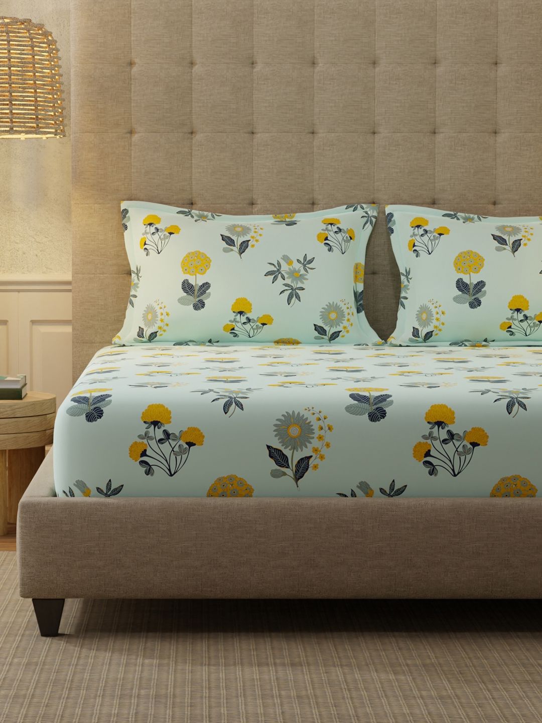 URBAN SPACE Radiance Sky Blue 200 TC Floral King Fitted Bedsheet