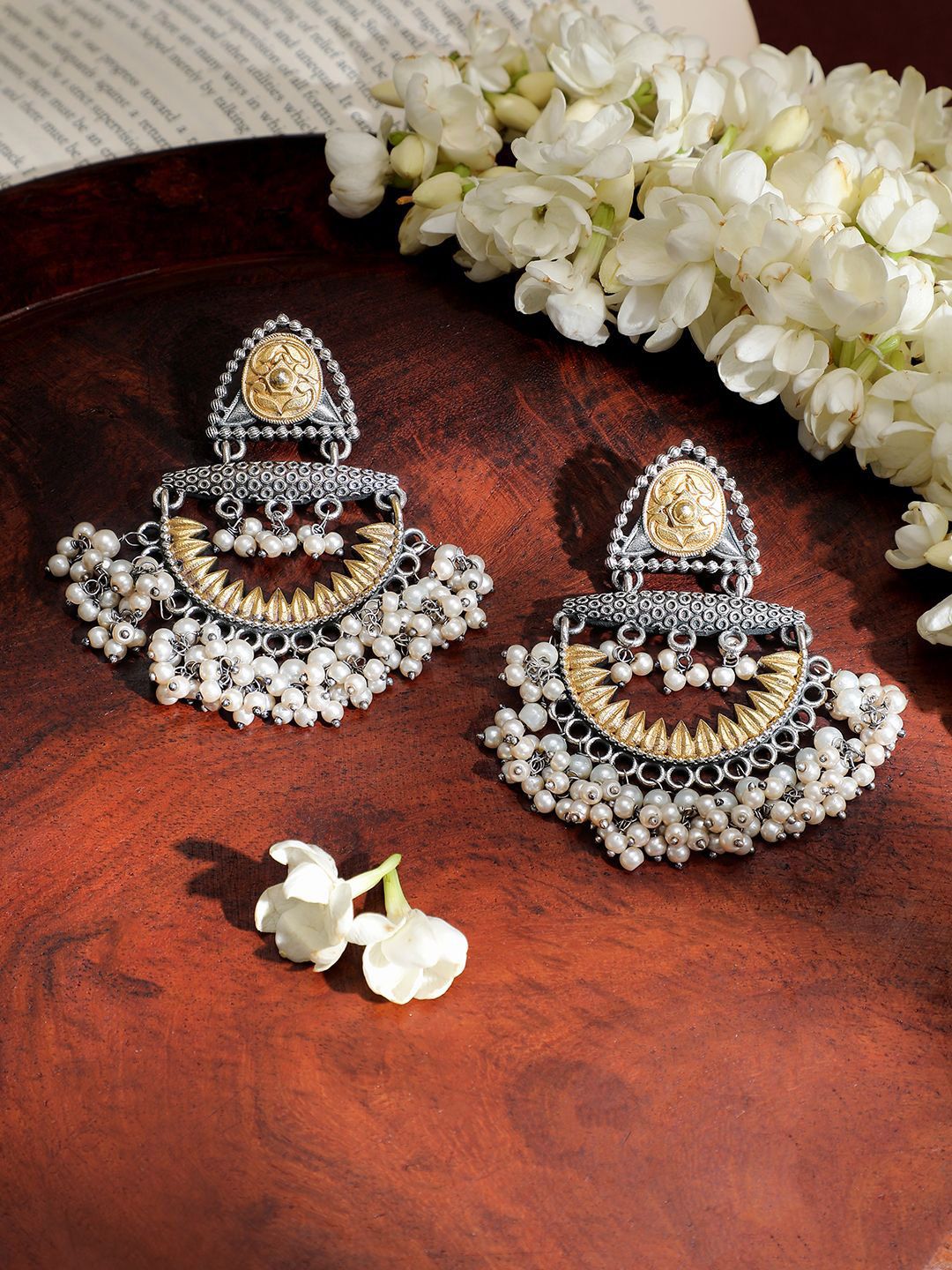 Rubans Oxidised Silver & Gold-Plated Dual-Tone Statement Chandelier with Pearl Drops