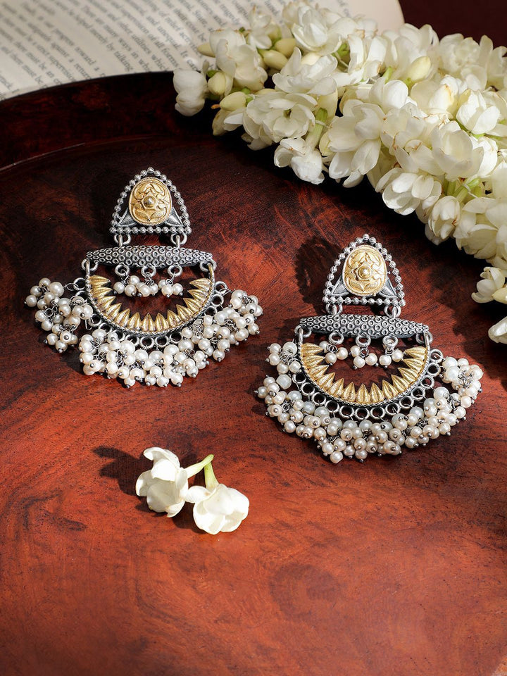 Rubans Oxidised Silver & Gold-Plated Dual-Tone Statement Chandelier with Pearl Drops