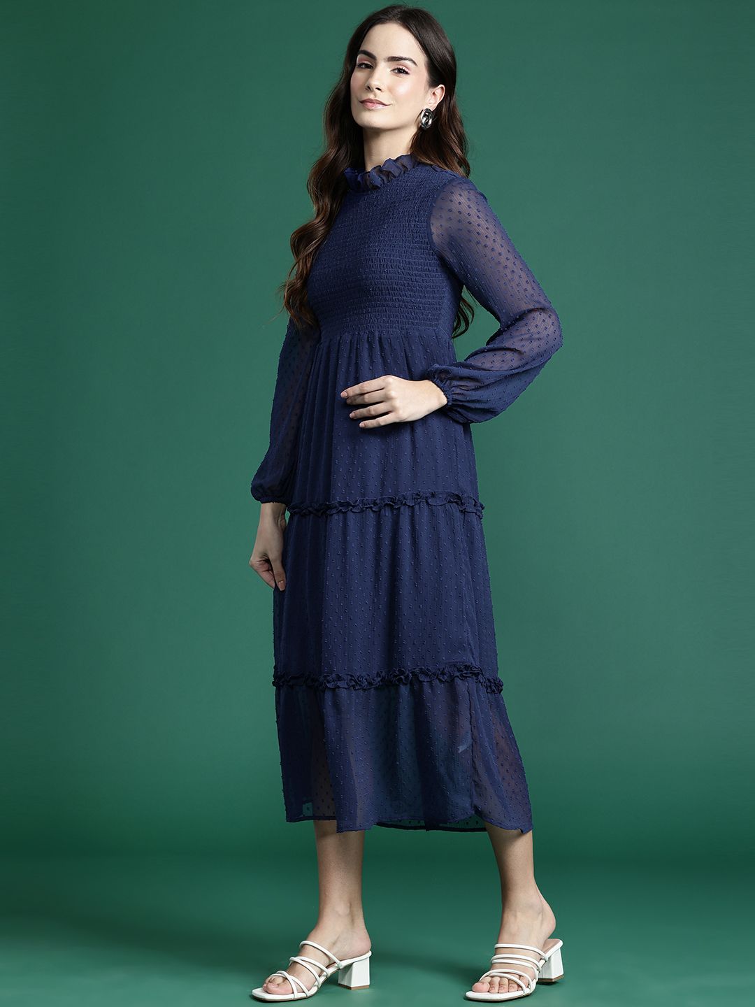 DressBerry Schiffli Smocked Tiered A-Line Midi Dress