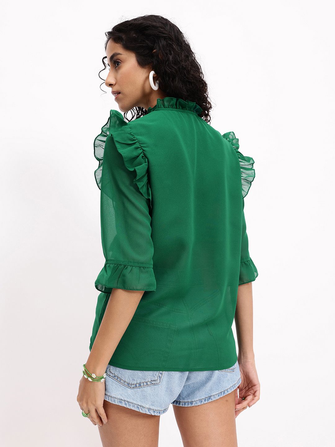 DressBerry Flirty Ruffles Touch Tie-Up Neck Bell Sleeves Top