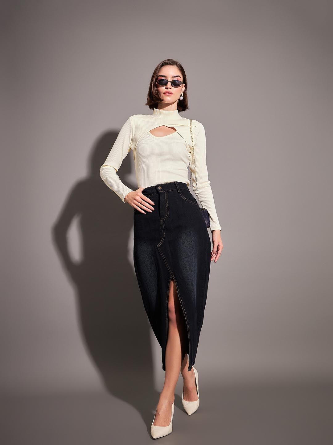 SASSAFRAS Off White Ribbed High Neck Cut Out Regular Top