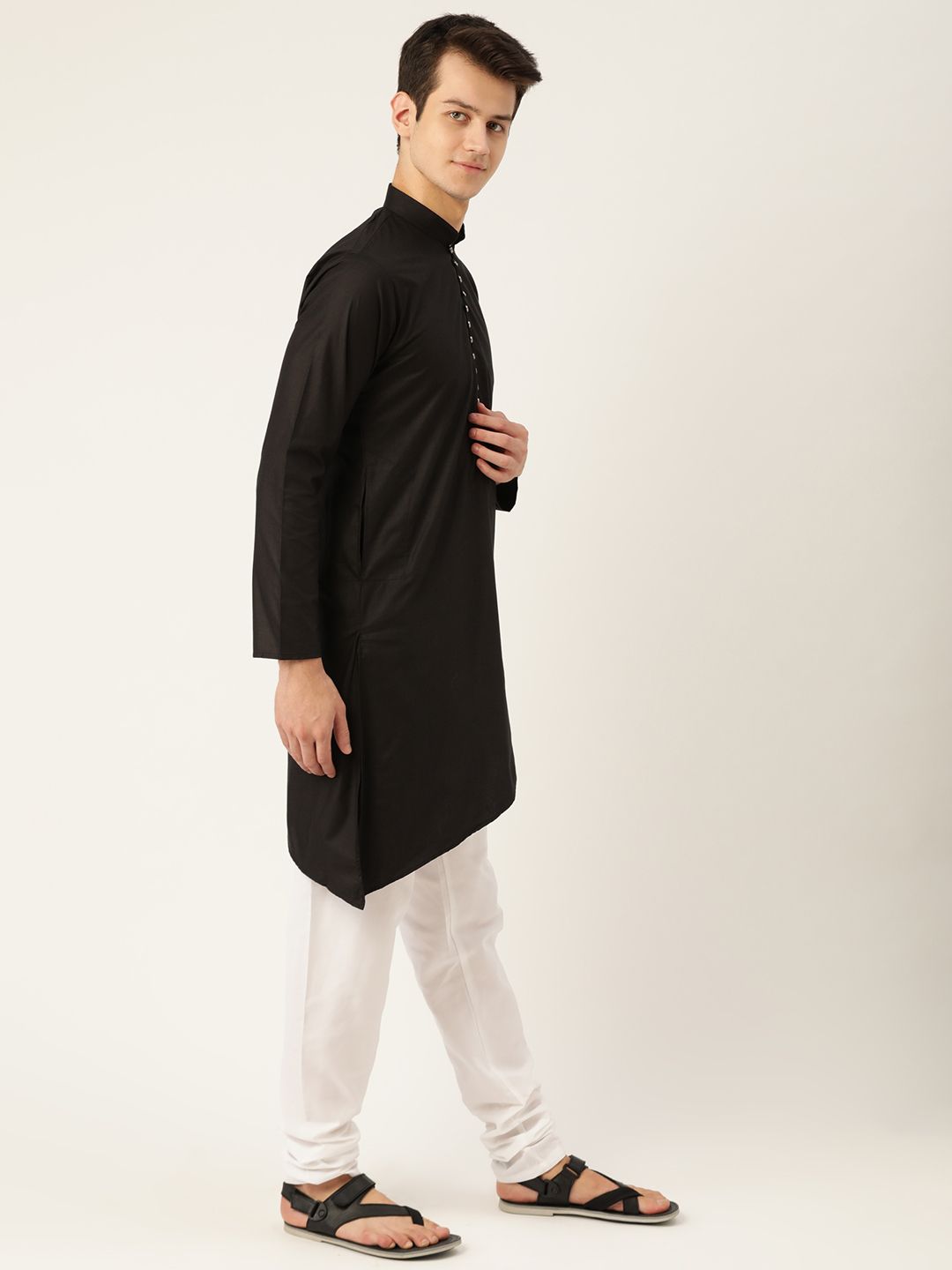 SOJANYA Men Black Solid Straight Kurta with Asymmetric Hem