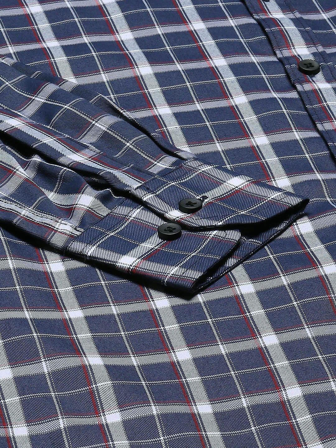 DENNISON Men Grey & White Pure Cotton Smart Slim Fit Tartan Checks Checked Formal Shirt