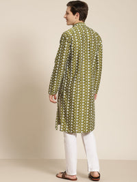 SOJANYA Men Olive Green & White Ethnic Motifs Embroidered Kurta