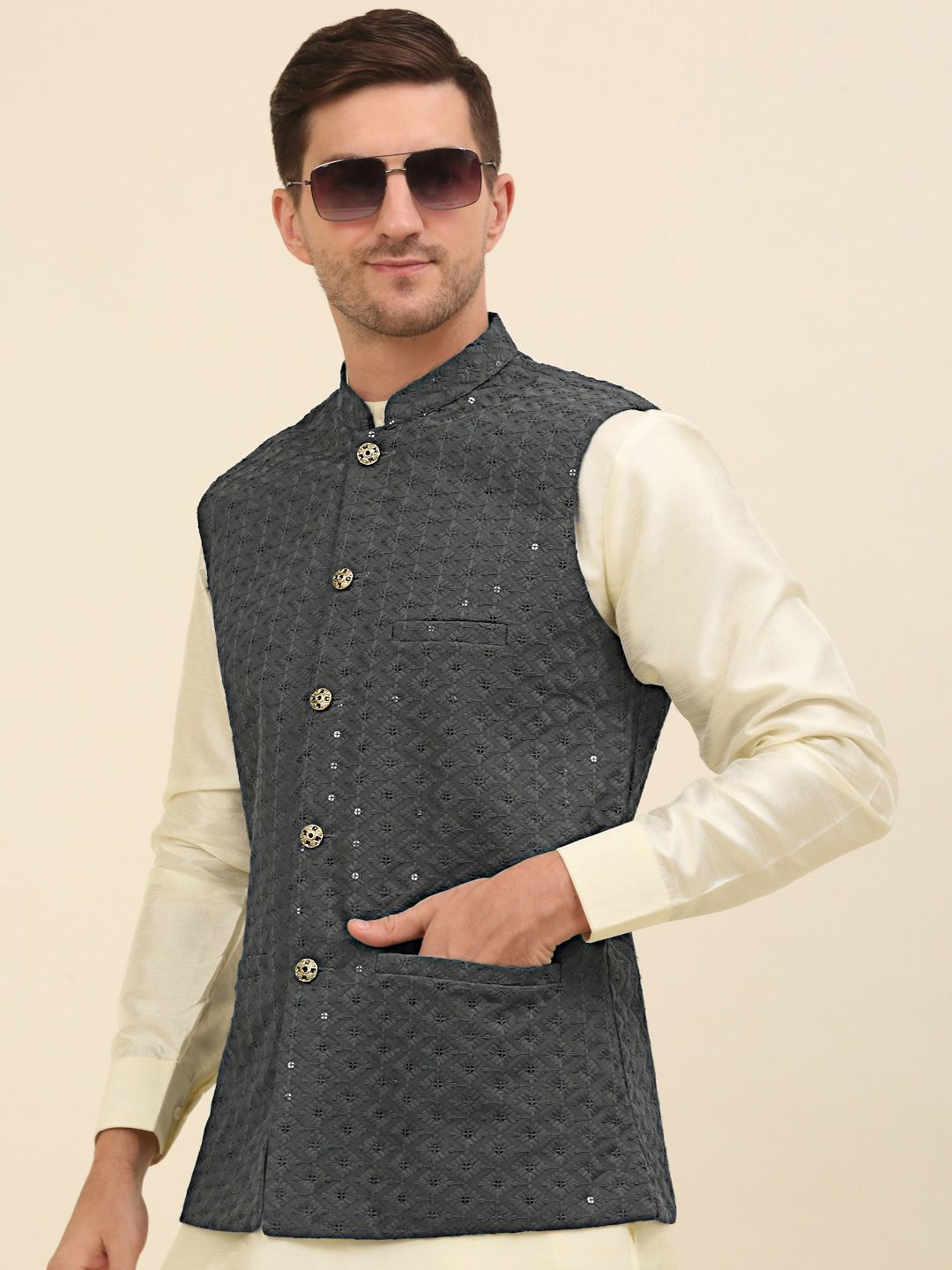 Anouk Grey Embroidered Sequinned Nehru Jacket