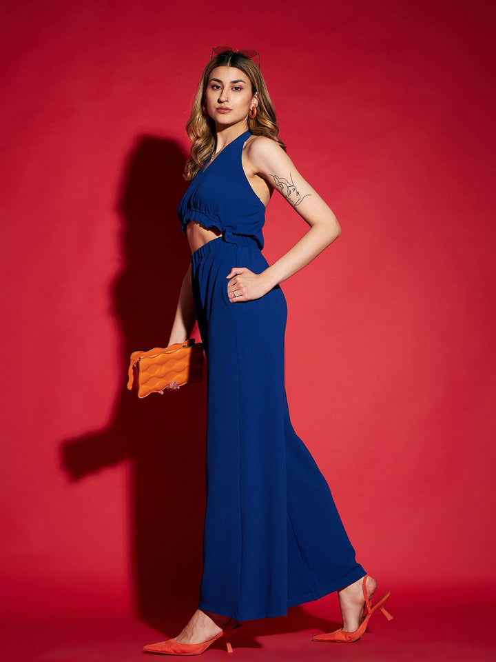 SASSAFRAS Navy Blue Halter Neck Basic Jumpsuit With Ruffles