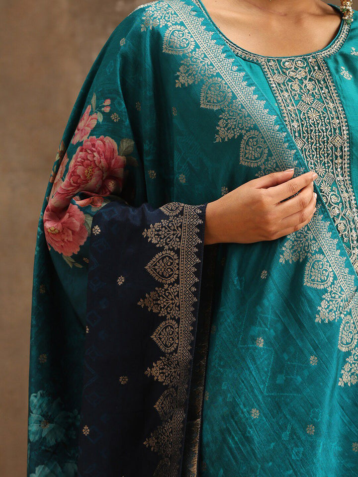 Libas Green Ethnic Motifs Woven Design Pure Silk Kurta With Trousers & Dupatta