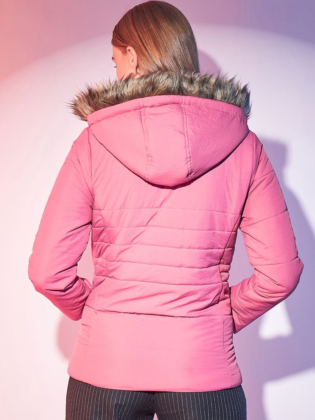 STREET 9 Pink Hooded Lightweight Faux Fur Trim Detailed Padded Jacket